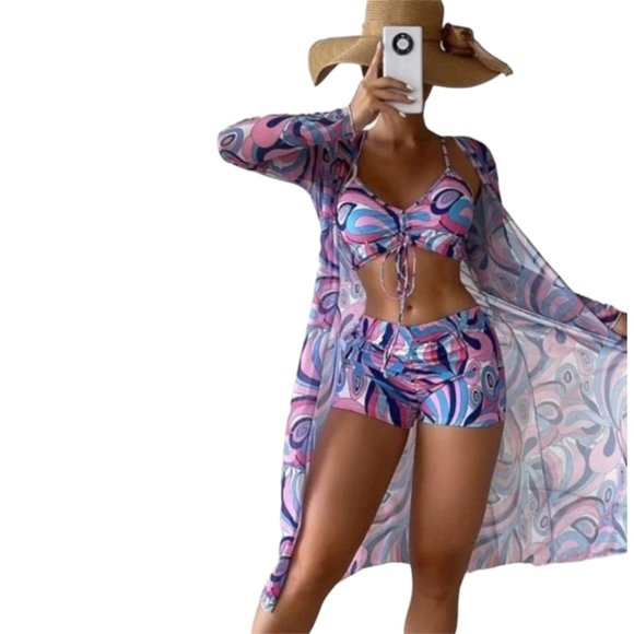 Purple 70s Inspired 3 Piece Bikini Set Cover-Up Swimsuit - Picture 2 of 3